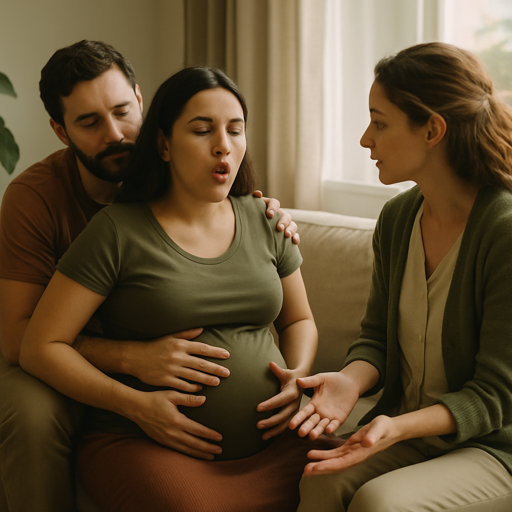 Doula guiando casal em técnicas de respiração e posições de conforto